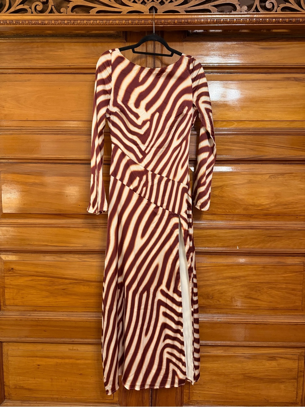 Long Sleeve Maxi Dress in Cream & Brown Zebra Print